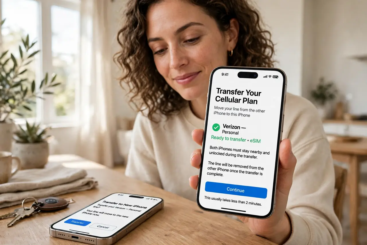 a person holding a new real iPhone showing the legible eSIM transfer screen, the old iPhone beside it, the person's face relieved, bright room.