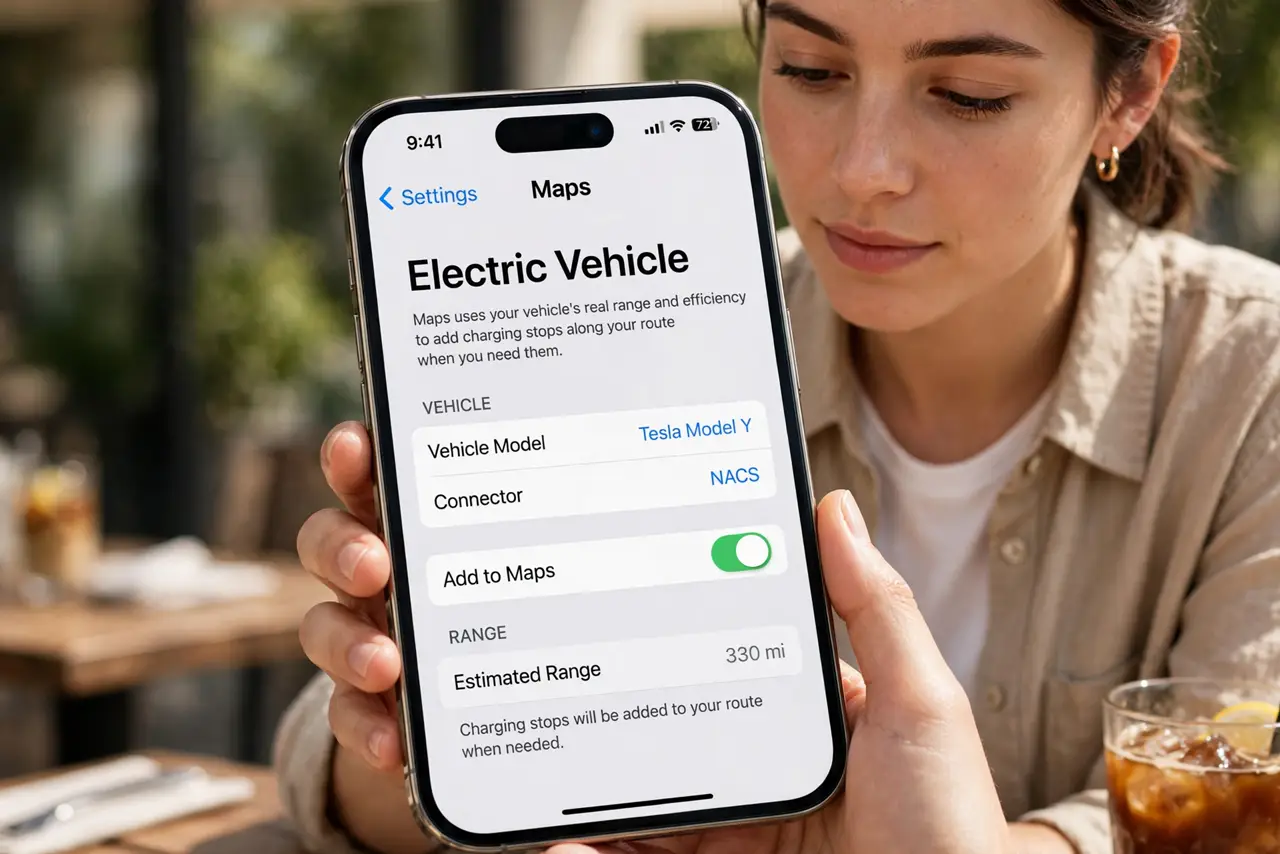 A person performing the first step of the guide: Add your EV to Apple Maps. Go to Settings, Maps, and add your vehicle model if supported. Maps uses its real.
