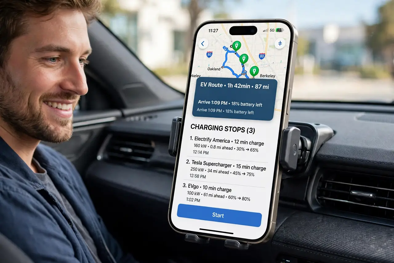 A person in an electric car looking at a real iPhone mounted on the dash showing Apple Maps with EV charging stops marked along the route, legible.