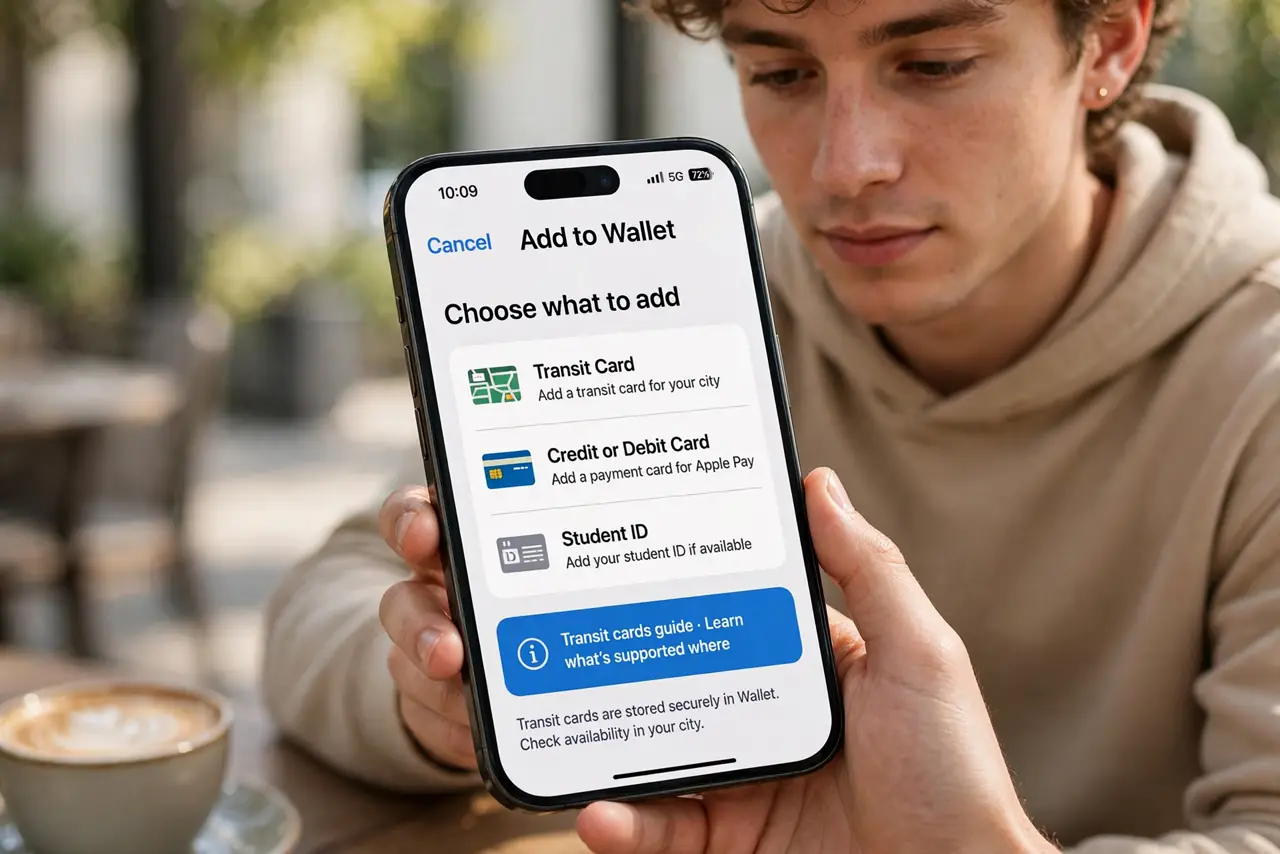 A person performing the first step of the guide: Add a transit card to Apple Wallet. Open Wallet, tap +, and choose a transit card for your city — or add a.