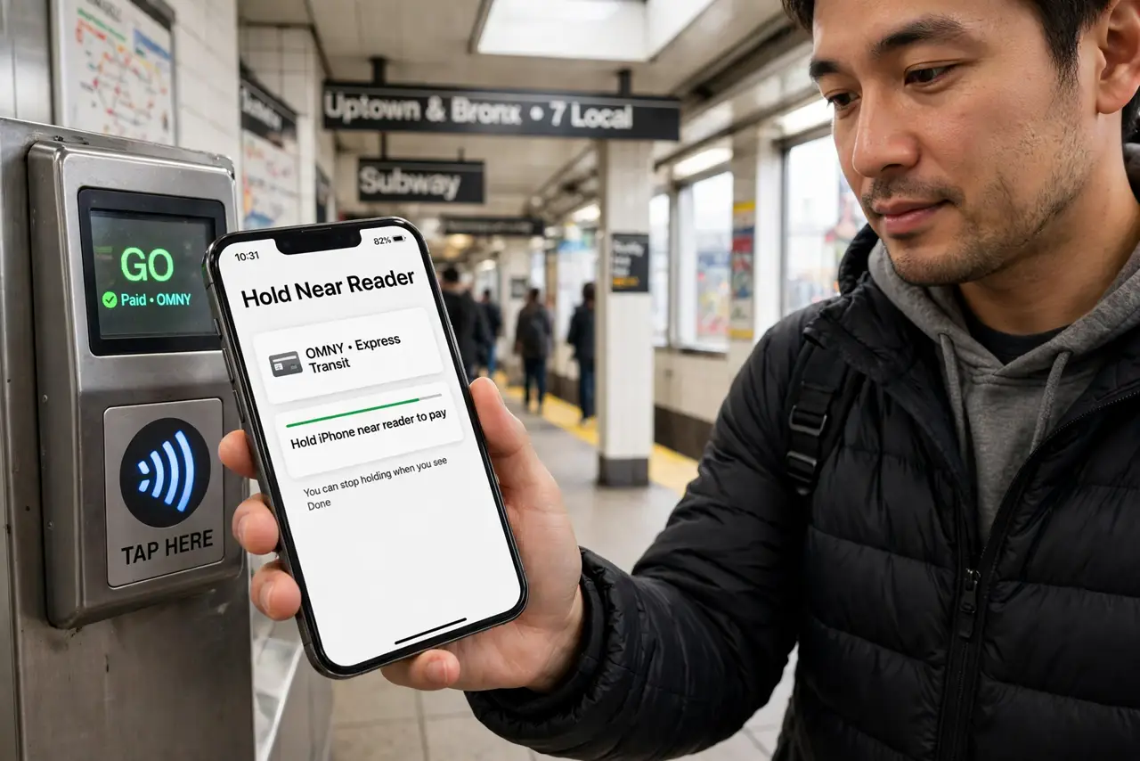 A person tapping a real iPhone on a real subway gate reader, the tap in progress with the phone near the reader, the person's face relaxed, transit.