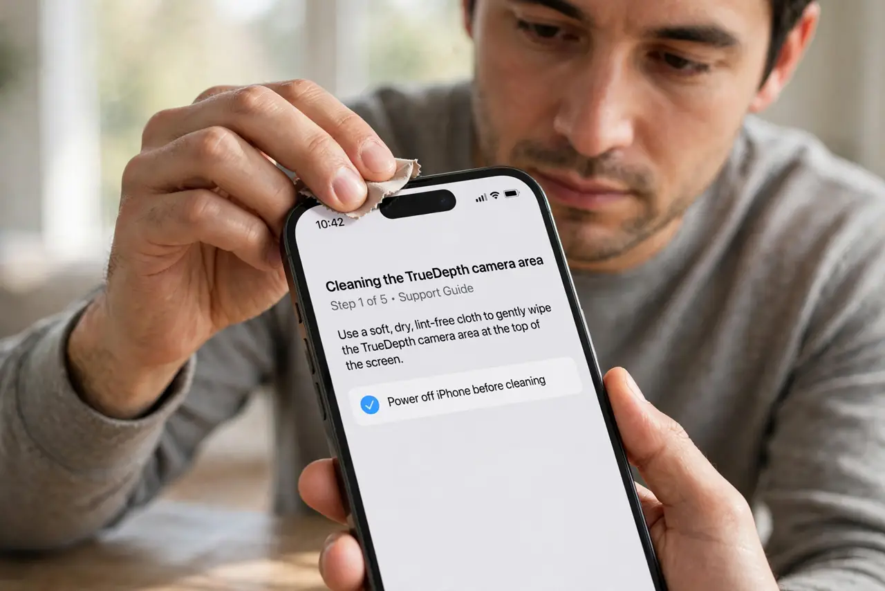 Person performing step 1: Clean the TrueDepth camera area. Wipe the top of the screen, including the notch or Dynamic Island area, with a soft, dry cloth. Smudges...