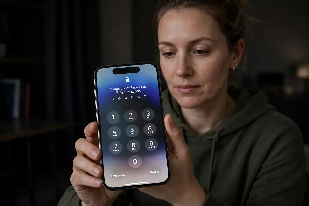 Photorealistic photo: A calm adult in a dim room holding an iPhone toward their face, the real iPhone screen showing the Face ID lock screen with the passcode keypad option legible.