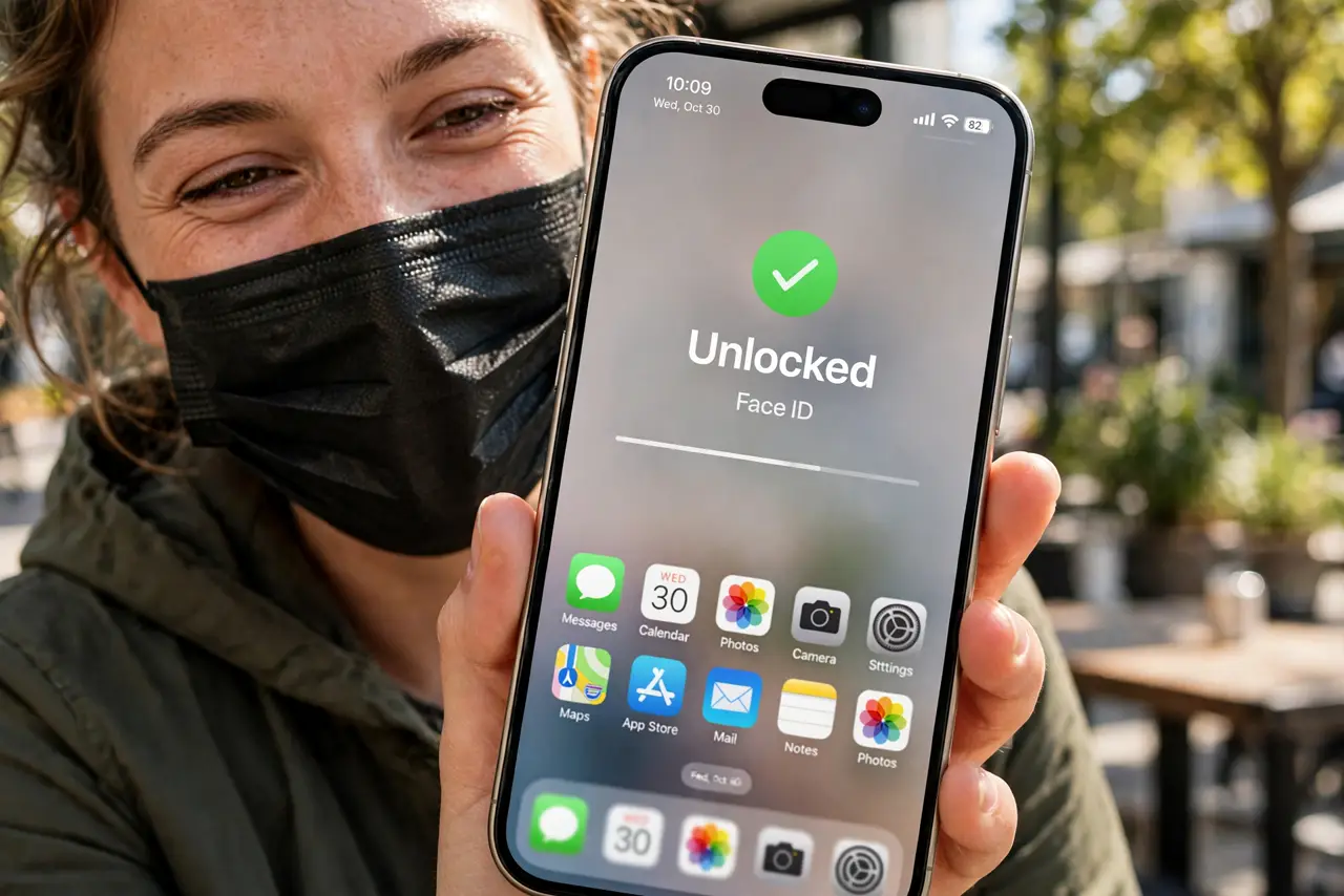A person wearing a real face mask unlocking a real iPhone with Face ID, the phone screen showing the unlock animation legible, the phone screen large and…