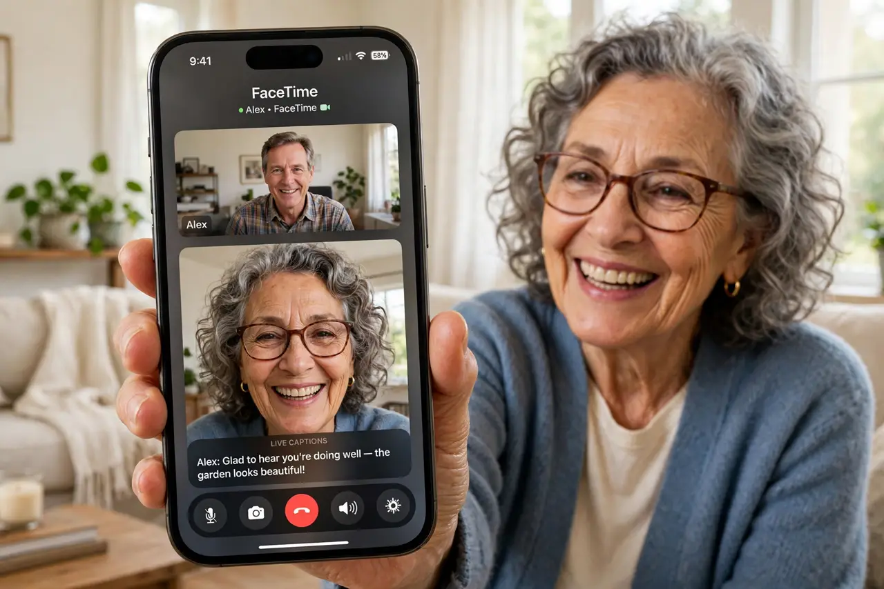 An older adult on a FaceTime call on a real iPhone with live captions fully legible at the bottom of the screen, the person's face happy and engaged, living room.