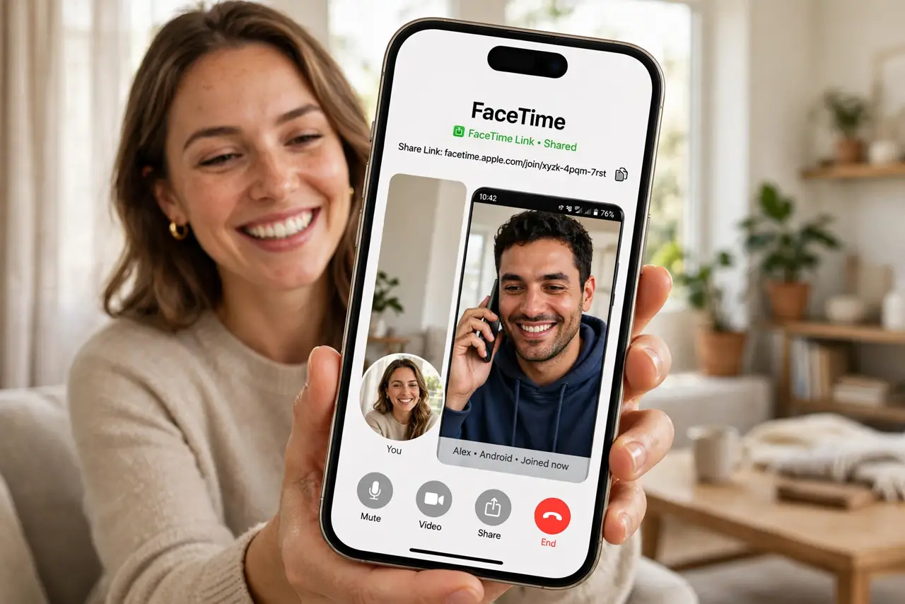 a person holding a real iPhone showing a FaceTime link being shared, another person visible on a real Android phone screen joining the call, both smiling, home settings. No black s.