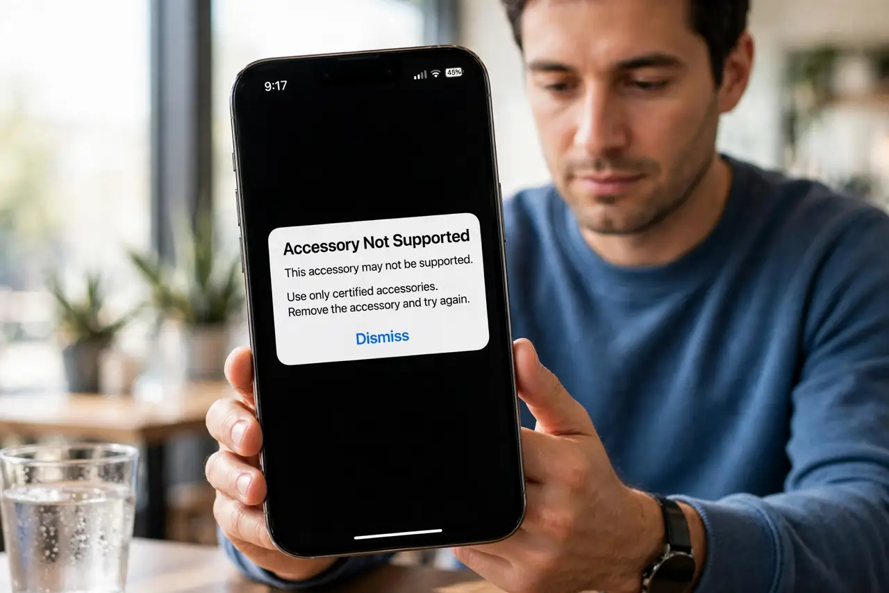 Photoreal photo of a person performing the first step: Read the warning seriously. The 'unsupported accessory' message means the cable failed Apple...