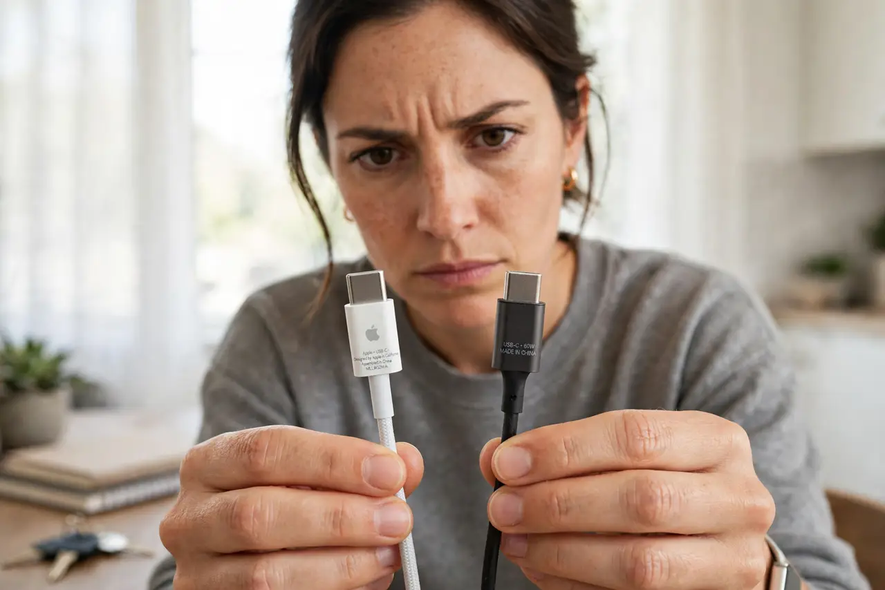 Photoreal photo: a person holding two real iPhone cables side by side comparing the connectors closely, one genuine and one suspicious, the person's face scrutinizing, bright indoor light. No black screen, no blank...