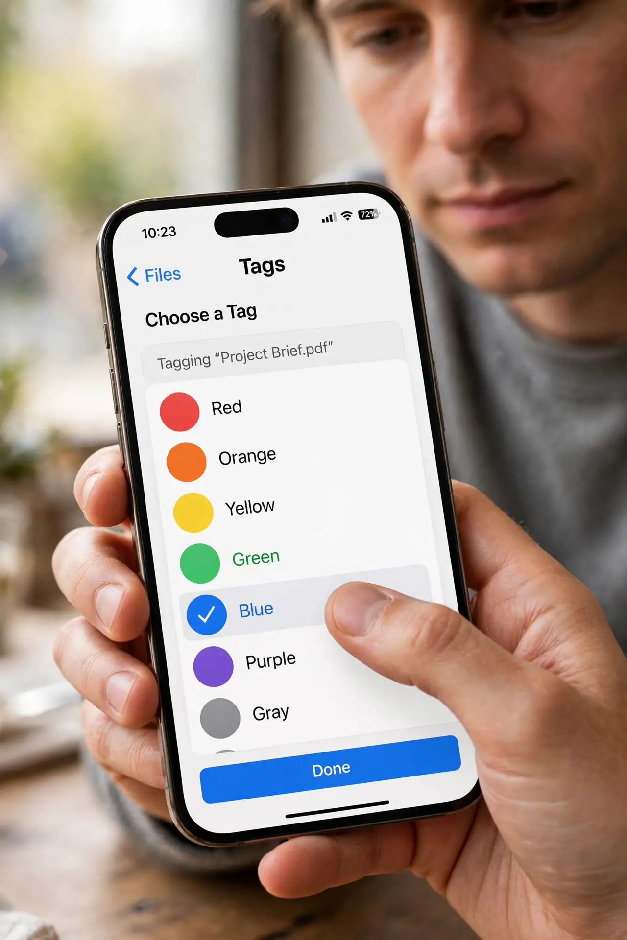 A person performing step 1: Tag a file in two taps.