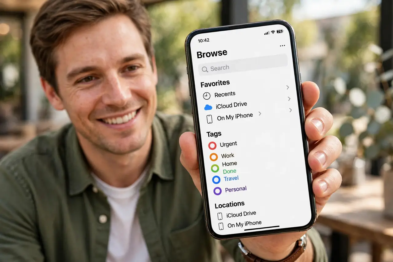 A person holding a real iPhone showing the Files app Browse screen with the Tags section and several colored tags fully legible, the person's face pleased and organized.