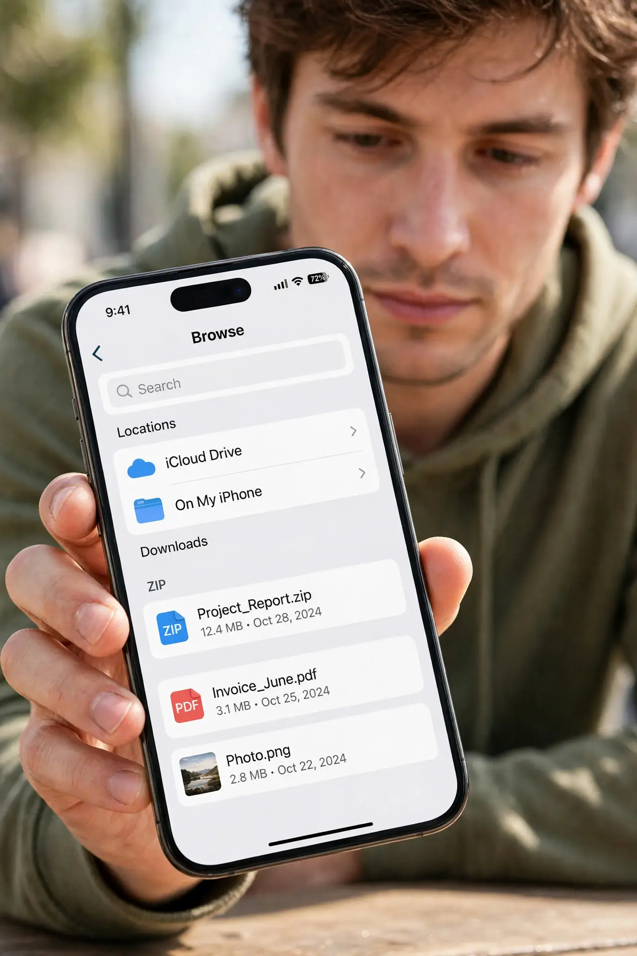 A person performing step 1: Find the ZIP in the Files app.