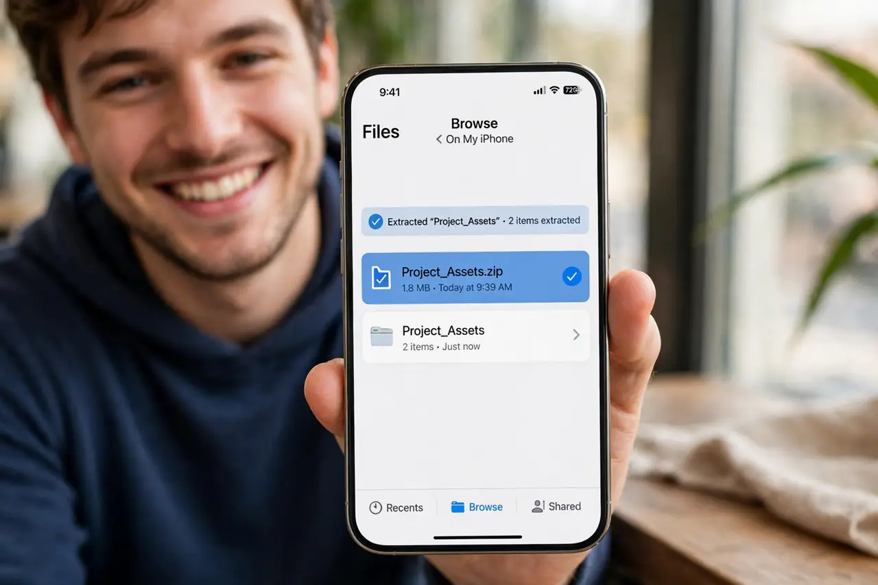 A person holding a real iPhone showing the Files app with a ZIP file selected and the freshly extracted folder beside it, both names fully legible, the person's face satisfied.