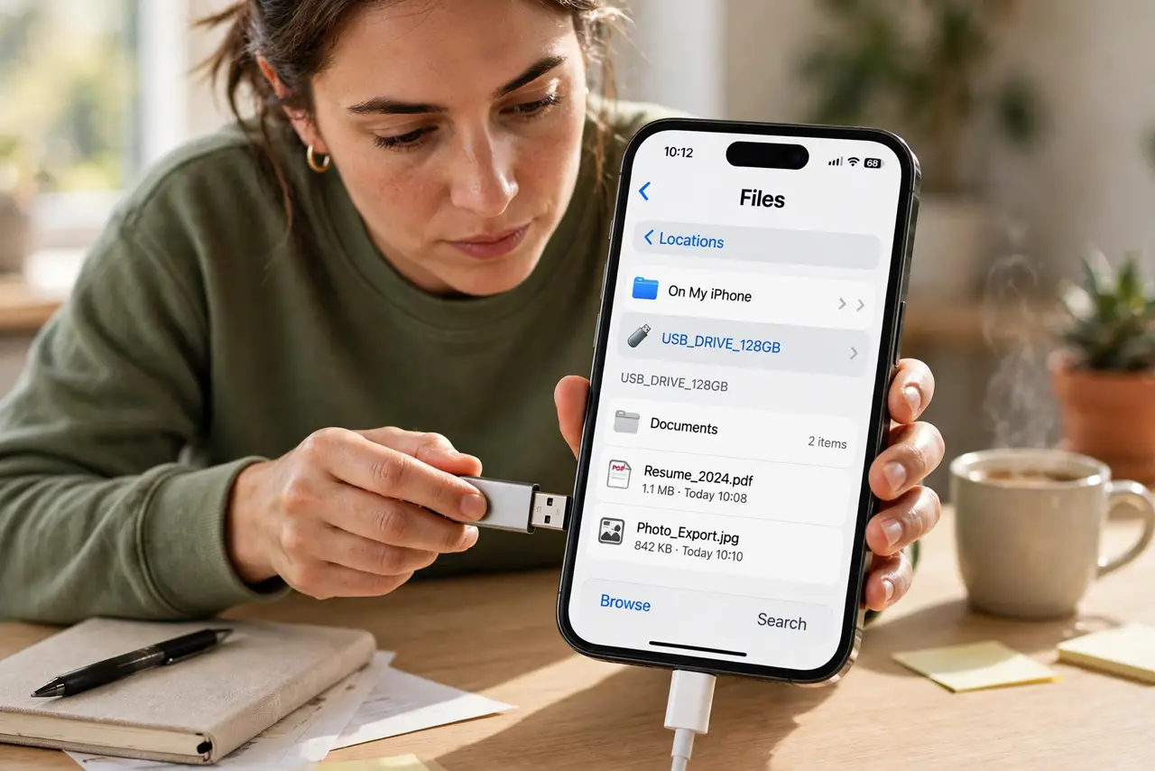 A person plugging a real USB flash drive into a real iPhone with an adapter, the Files app showing the drive under Locations with its name fully legible, the person's face focused, on a desk.