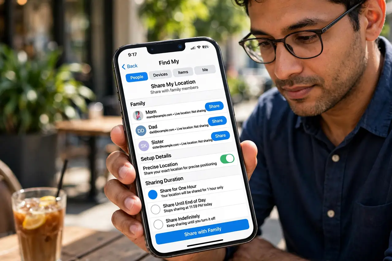 A person performing the first step of the guide: Share with family on iPhone.