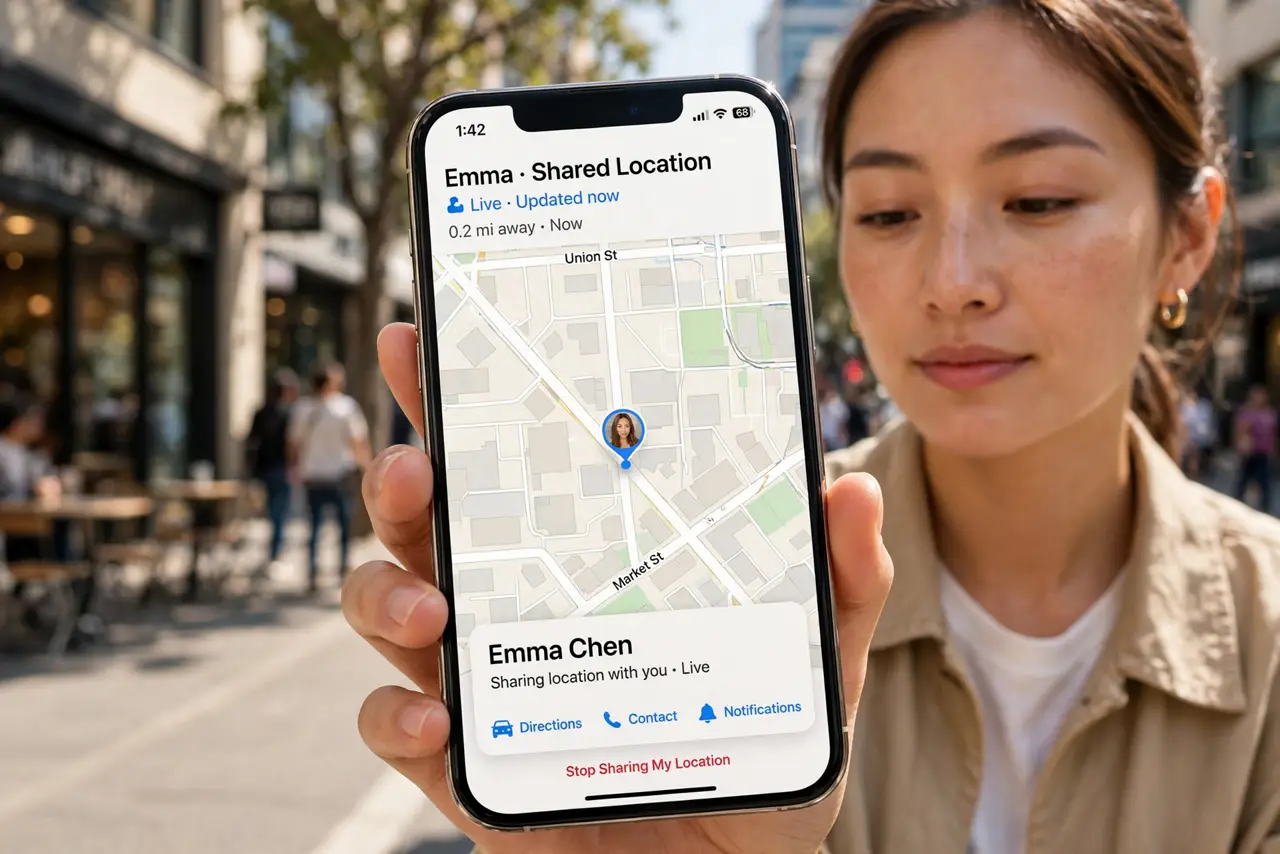 a person holding a real iPhone showing a maps screen with a legible shared location pin and a contact name, the person's face relaxed, city street daylight.