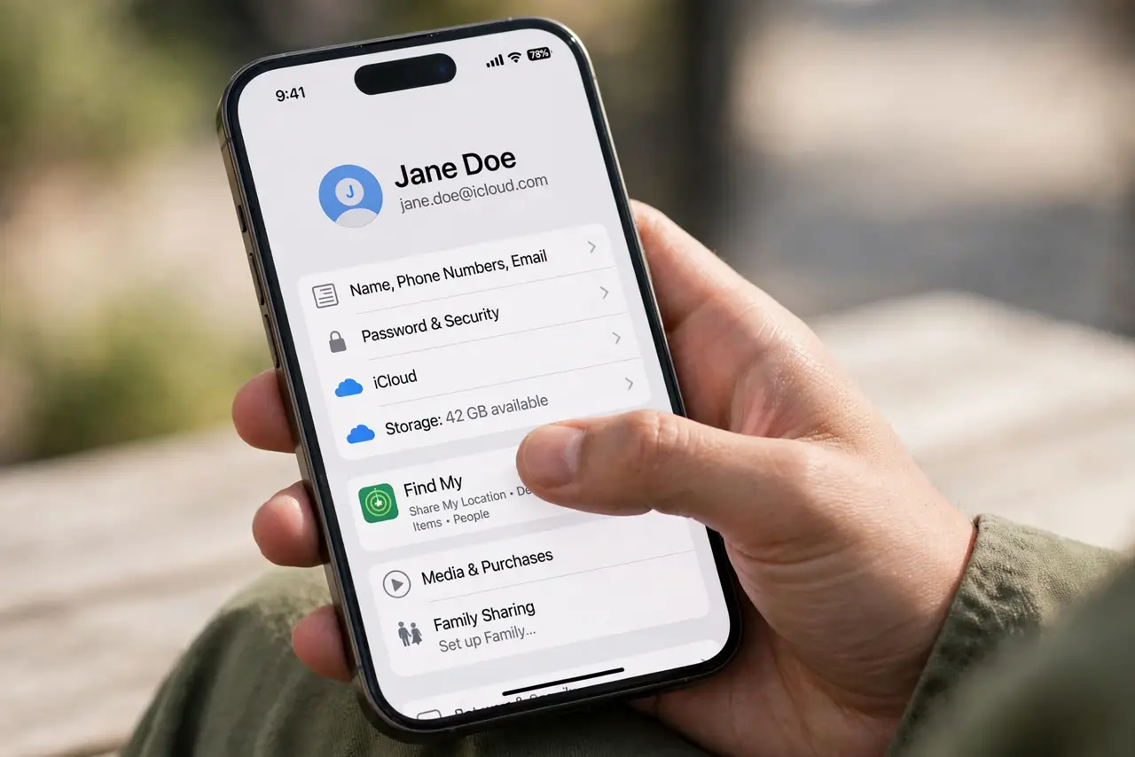 A person carrying out step one: open the find my settings.