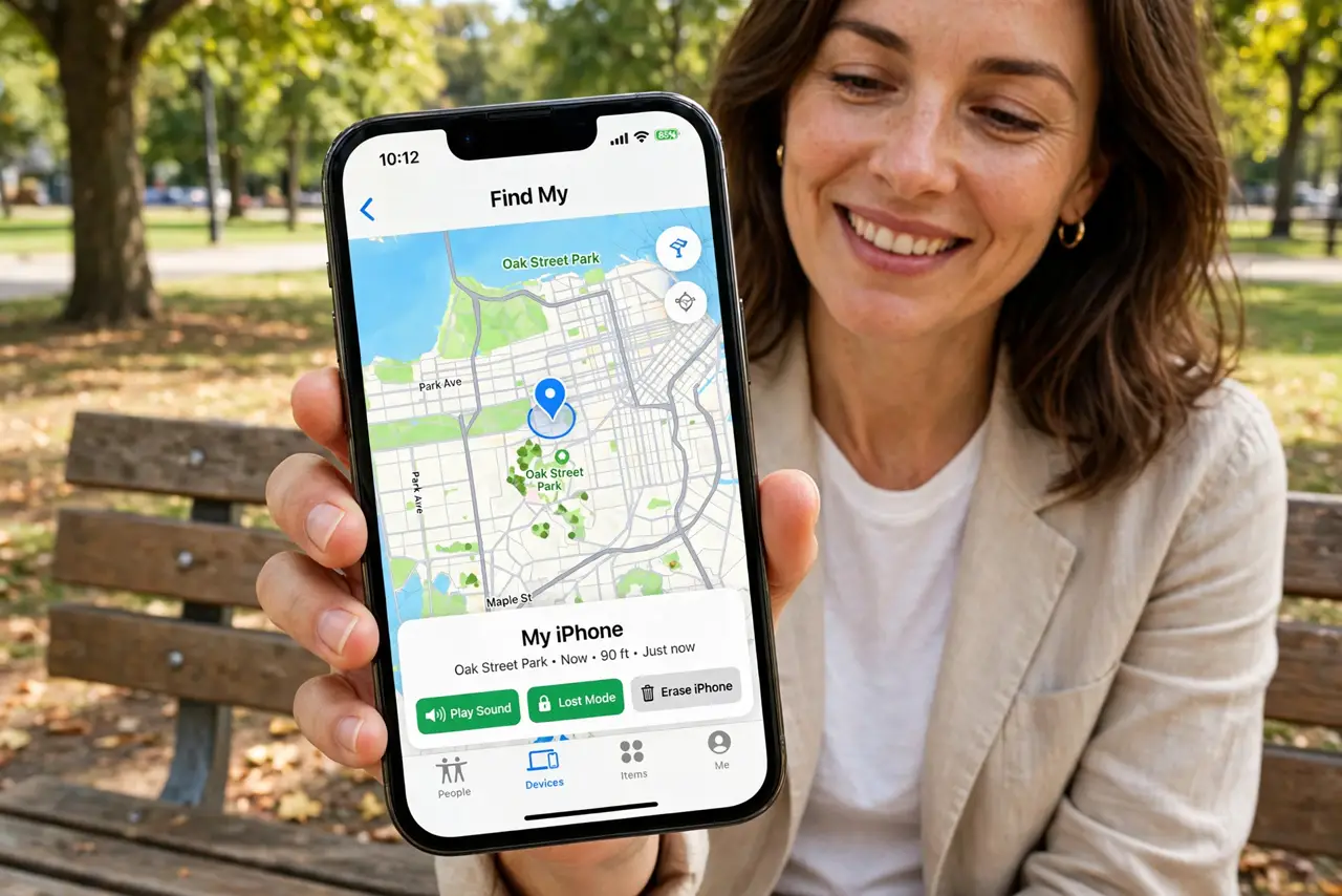 A person looking relieved at a real iPhone showing the Find My map with a device location pin legible, the phone screen large and readable, the person's face…