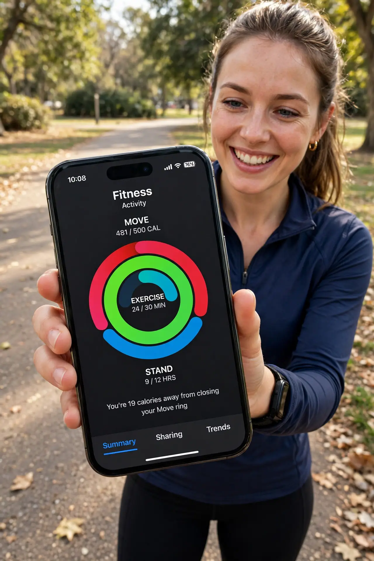 A woman outdoors holding an iPhone showing the Fitness app with colorful activity rings legible on screen, wearing workout clothes, her face happy and…