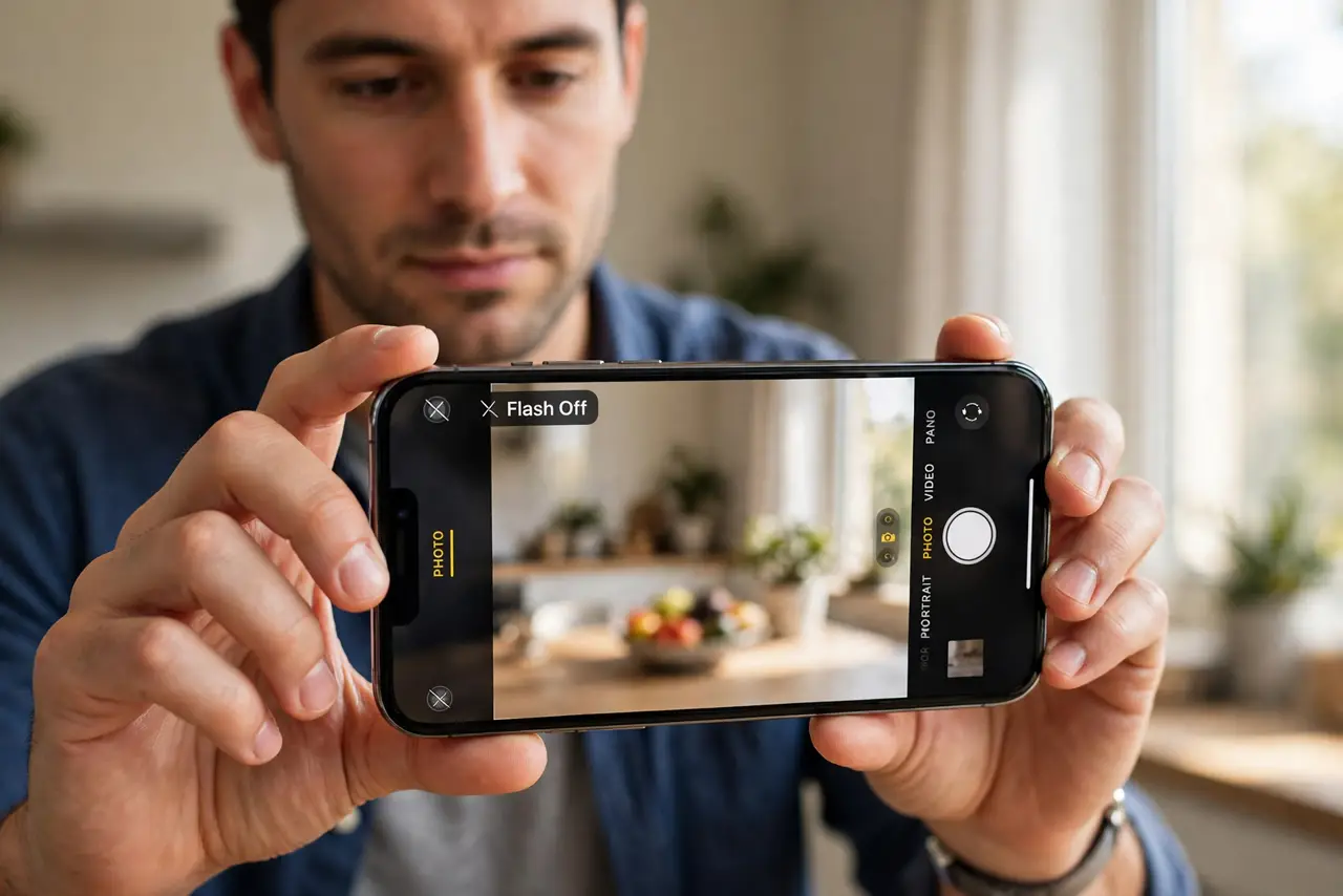 Person performing step 1: Set flash to off. Open Camera, tap the flash icon, and choose Off. Off overrides every automatic decision, so daylight flash stops...