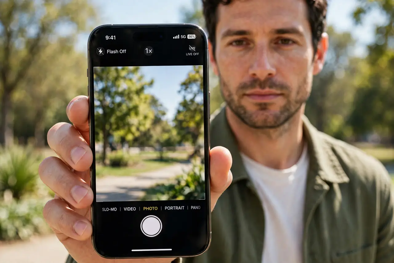 Photorealistic photo: A calm adult outdoors in daylight holding an iPhone toward the viewer, the real iPhone screen showing the Camera app with flash set to off and the setting legible.
