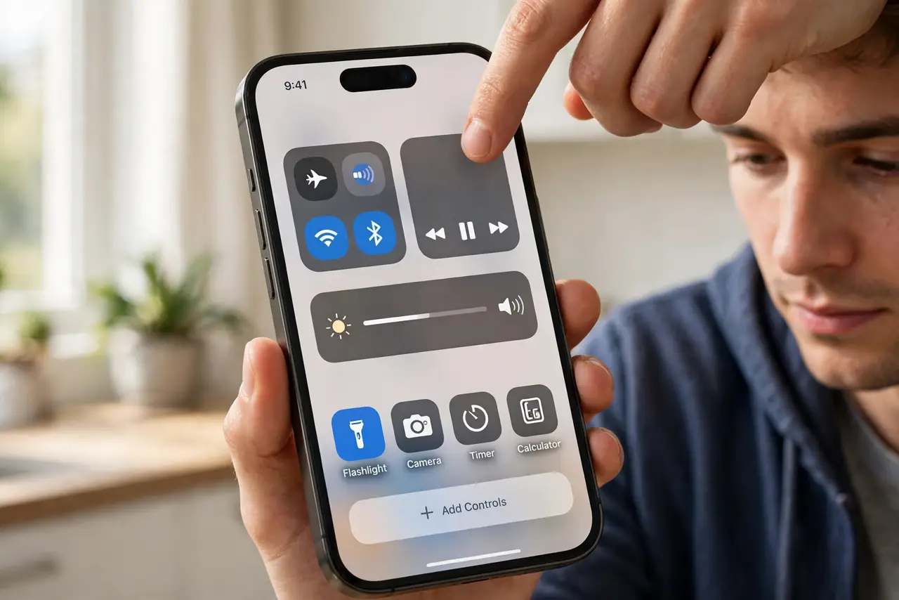 A person performing the guide's first step: Open Control Center. Swipe down from the top-right corner. The flashlight toggle is there by default — if you removed it during Control…