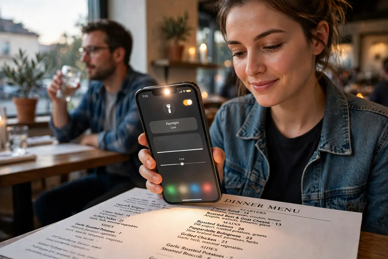 A person holding a real iPhone with the flashlight on at low brightness illuminating a restaurant menu with legible text, the dining companion unbothered, the person's face pleased, evening.