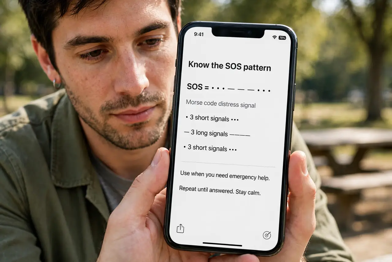 A person calmly performing the guide's first step: Know the SOS pattern.
