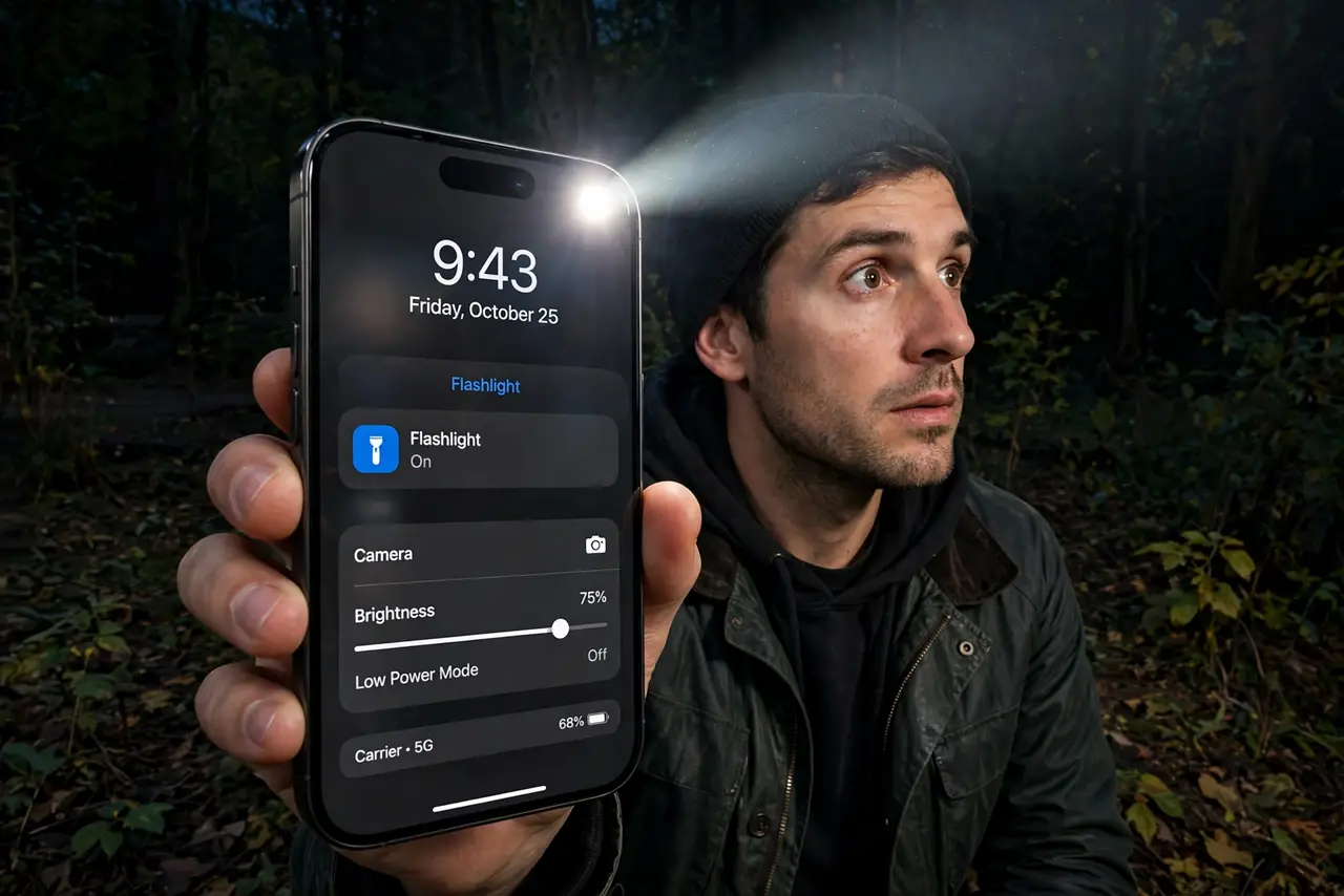 a person holding a real iPhone with the flashlight on in a dark outdoor setting, the beam clearly visible, the person's face alert, night. No black screen, no blank white screen, n.