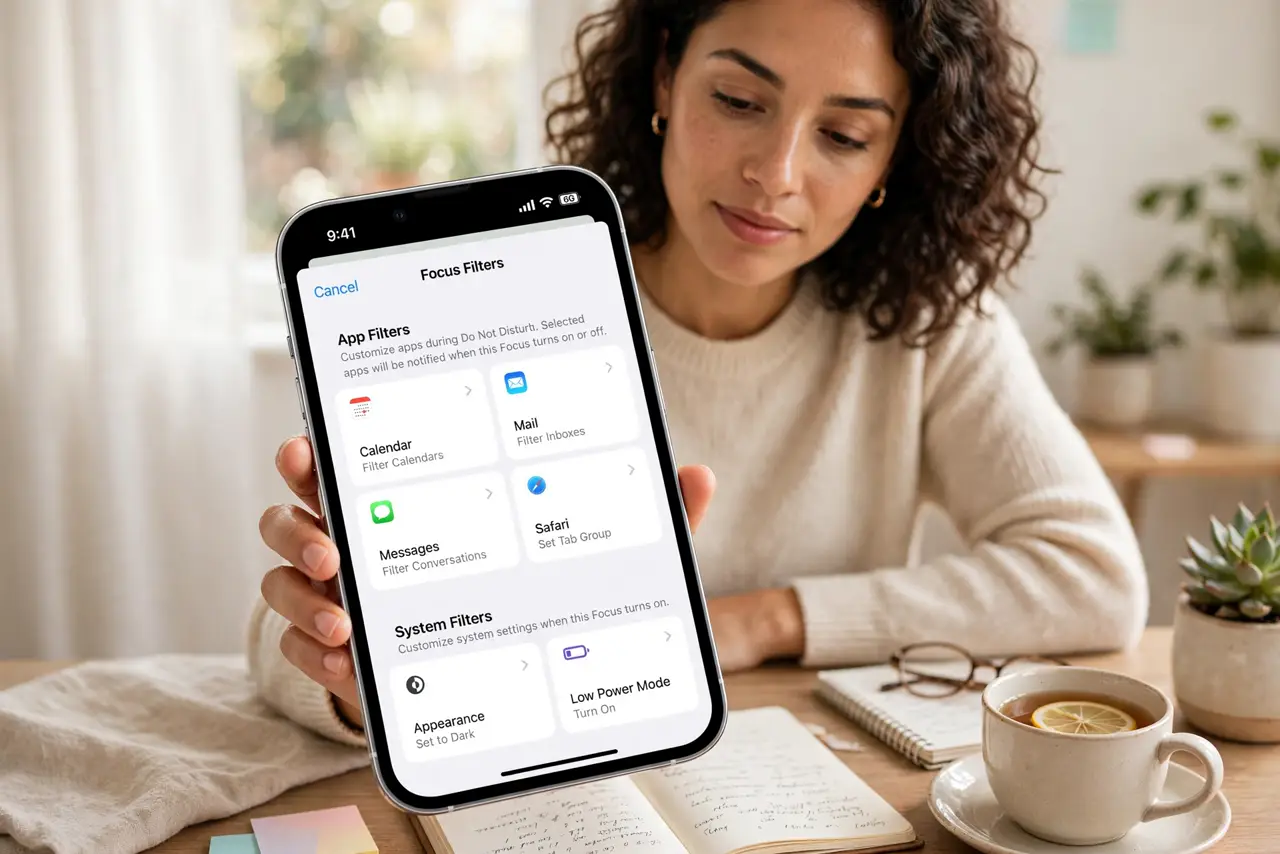 Photoreal photo of a person performing the first step: Understand what Focus Filters do. A Focus silences notifications; Focus Filters go further and reshape apps. Mail can show only your work inbox, Calen...
