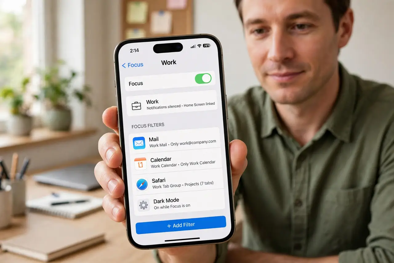 Photoreal photo: a calm person holding a real iPhone showing a legible Focus settings screen with Focus Filters listed, the phone in a tidy workspace, the person's face focused and in control. No black screen, no blank w