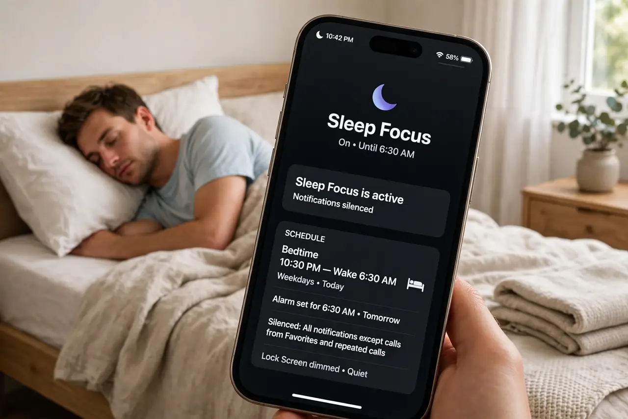 a person sleeping while a real iPhone shows an automatically activated Sleep Focus with legible schedule text, the person's face peaceful, bedroom.