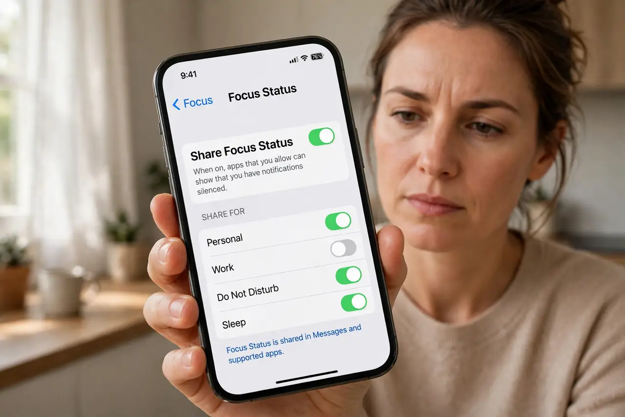Focus Mode Tells People You're Silenced — a calm adult holding a real iPhone showing Focus settings with the Share Focus Status toggle in fully legible