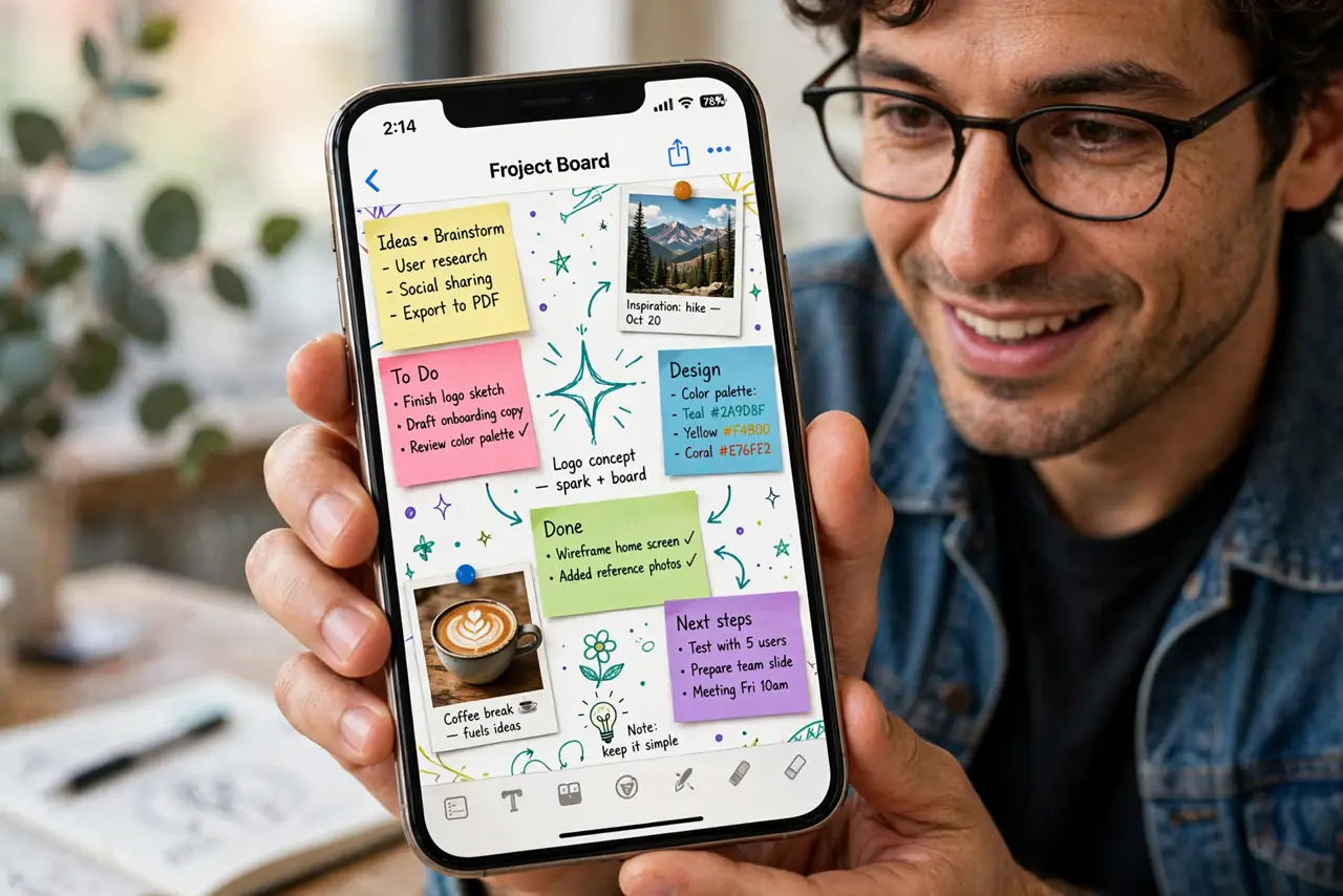 A person holding a real iPhone showing the Freeform app with a colorful whiteboard of sticky notes, photos, and drawings, all legible on screen, the person's…