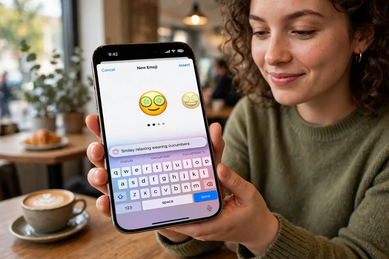 a person holding a real iPhone showing the Genmoji creation screen with a generated emoji and legible prompt text, the person's face amused, cafe.