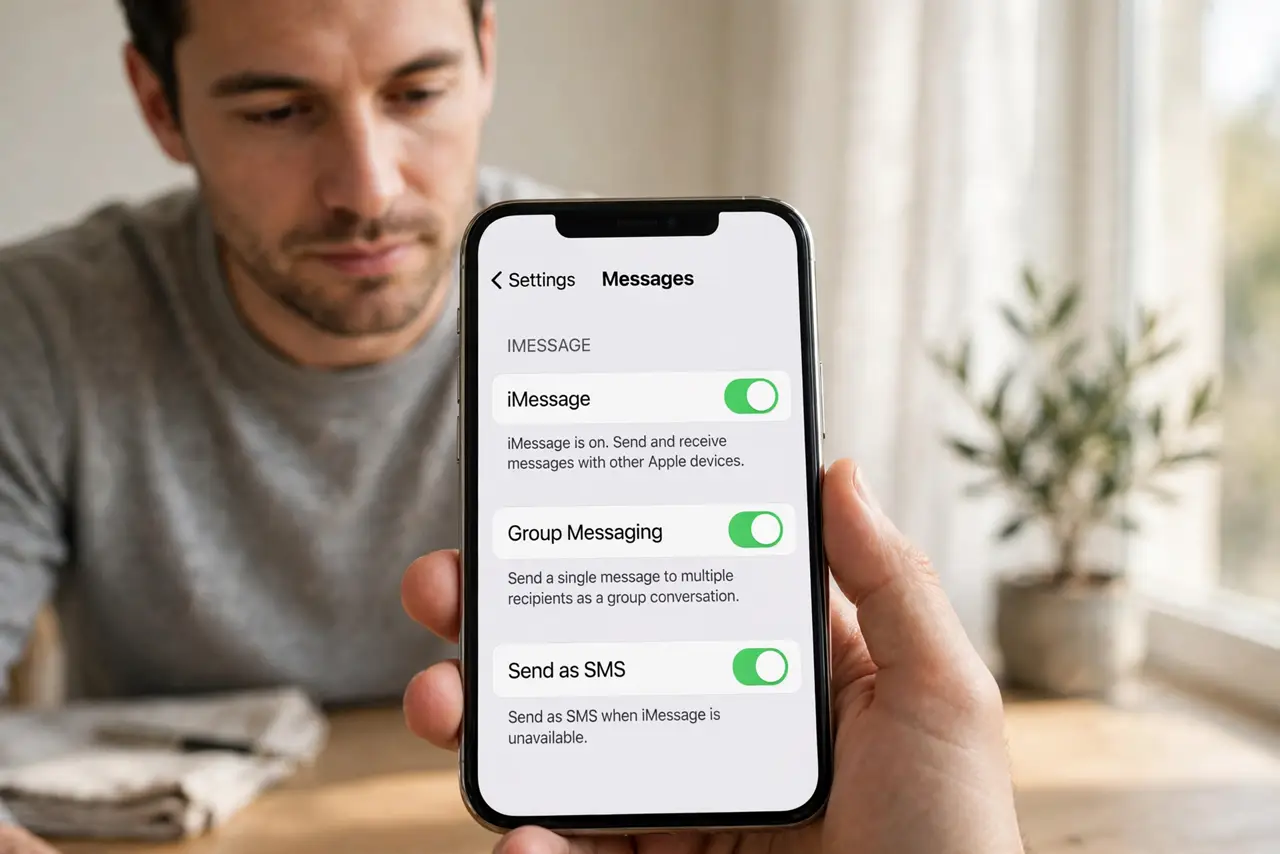 Person performing step 1: Turn on iMessage and Group Messaging. Open Settings, then Messages, and make sure both iMessage and Group Messaging are on. Group...