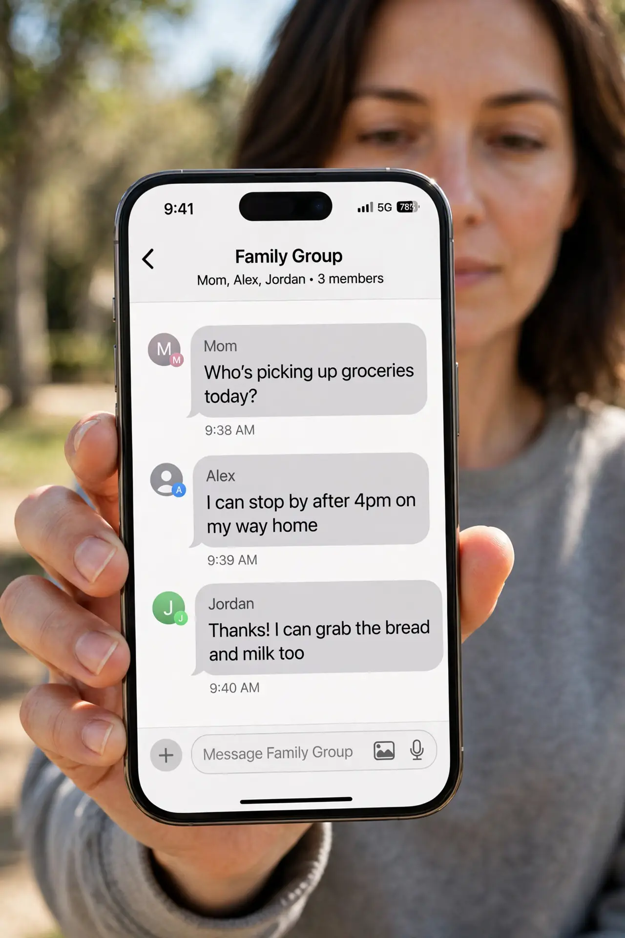 Photorealistic photo: A calm adult holding an iPhone toward the viewer, the real iPhone screen showing the Messages app with a group conversation and participant names legible.