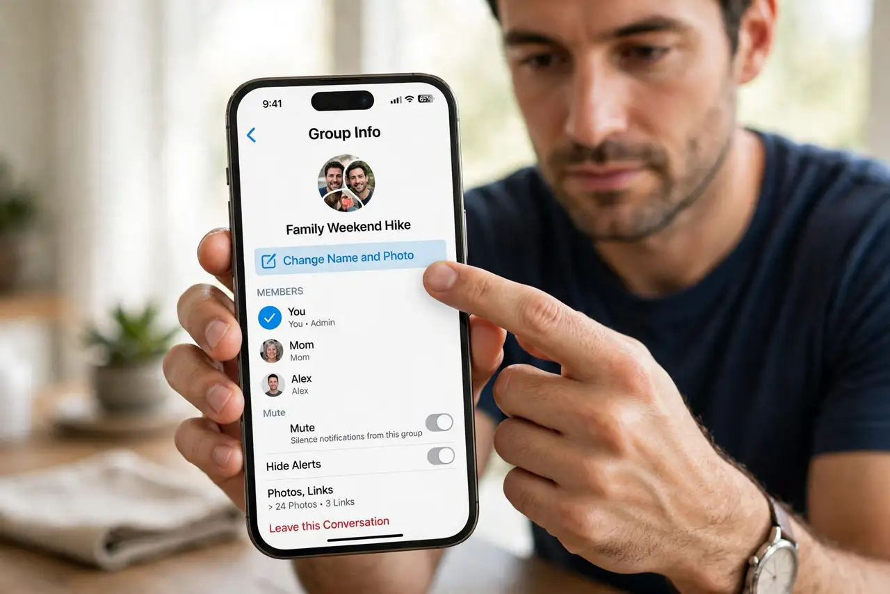 A Group Chat Name Keeps Reverting — step 1 being performed on the device.