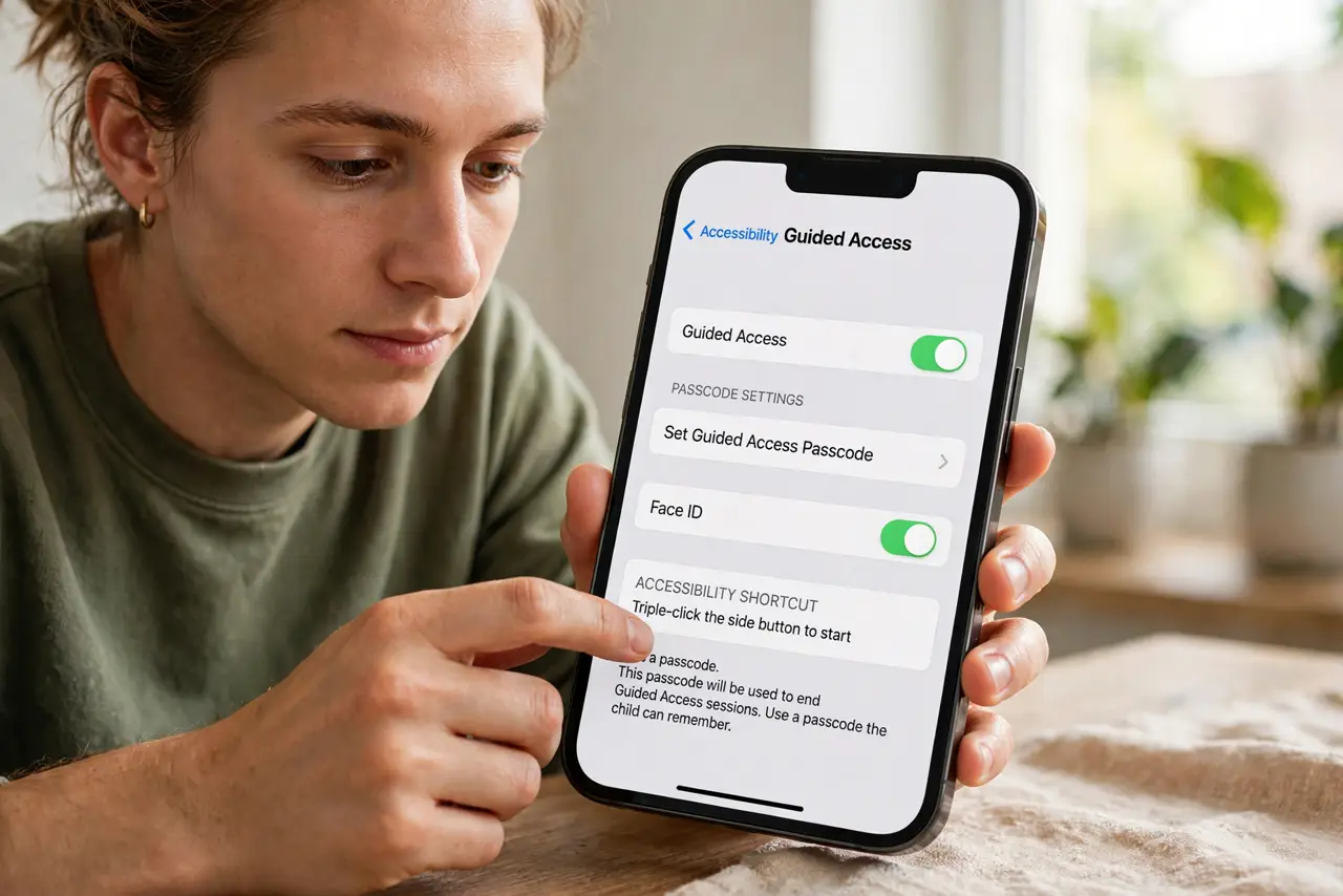 A person performing step 1: Turn it on in Accessibility. Open Settings, Accessibility, then Guided Access, and enable it. Set a passcode —.