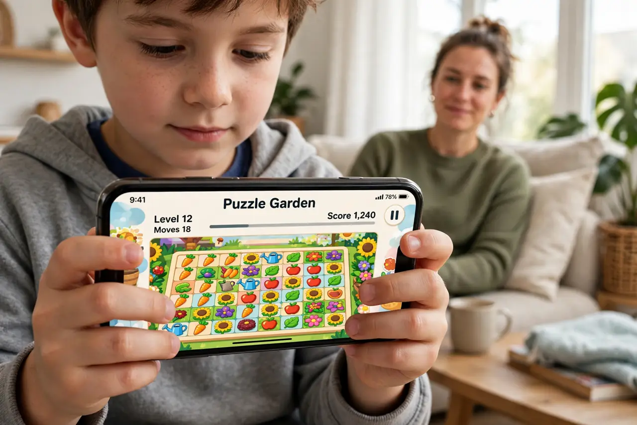 A kid playing a game on a real iPhone held in small hands, the screen showing a legible colorful game, a parent nearby relaxed, bright living room, daylight.