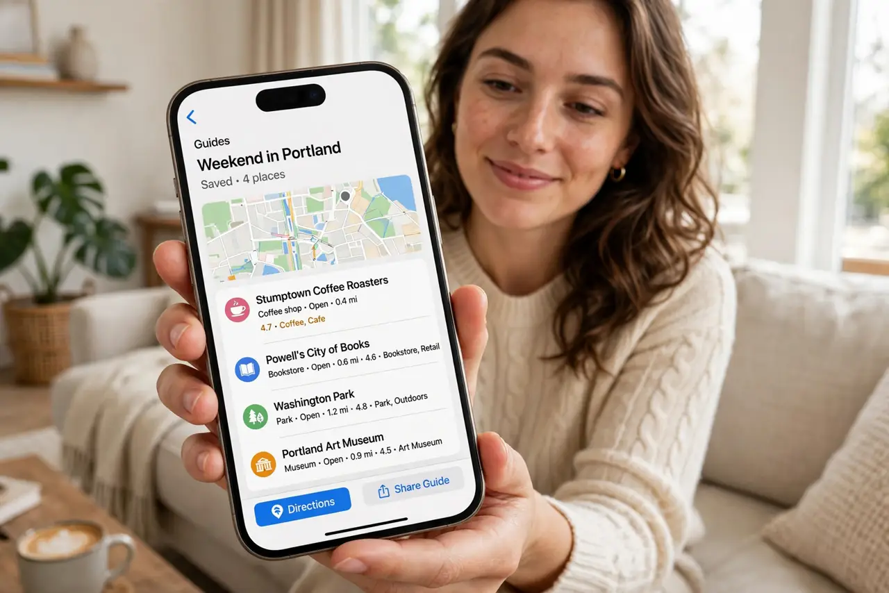 a person holding a real iPhone showing Apple Maps with a saved Guide open listing several places legibly, the person's face pleased, sitting in a bright livi...