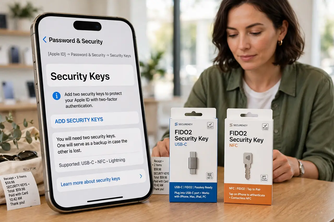 Photoreal photo of a person performing the first step: Buy TWO keys with the right connector. Get two FIDO2 keys matching your iPhone — USB-C, Ligh...