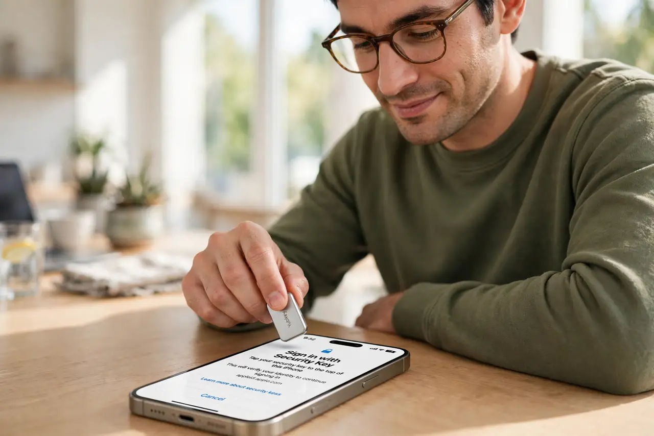 Photoreal photo: a person tapping a real security key to a real iPhone during a login with legible prompt on screen, the person's face confident, bright room. No black screen, no blank white screen, no fake or garb...