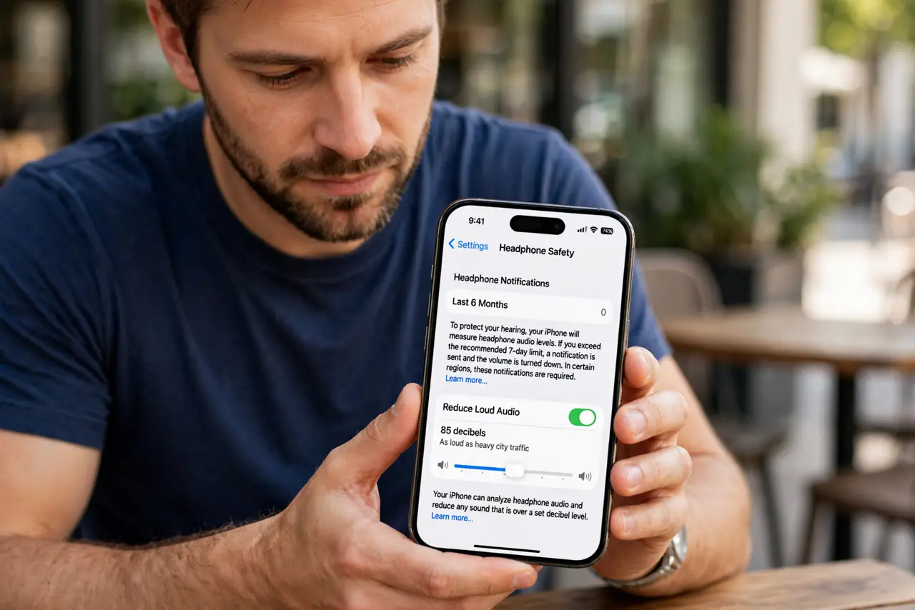 A person performing the first step of the guide: Open Headphone Safety.