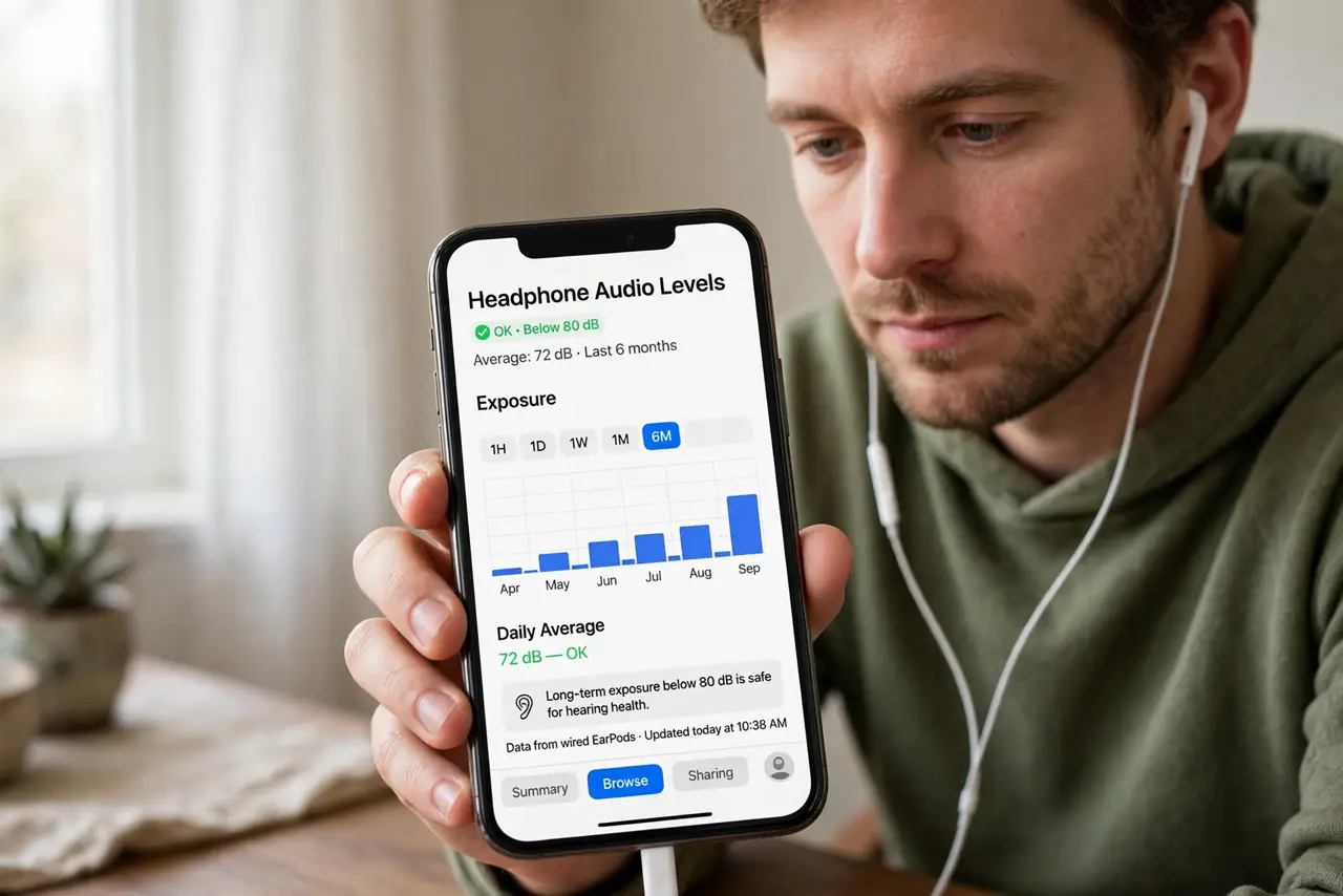 a person checking real iPhone Health app headphone audio levels with a legible exposure chart, wearing wired earbuds, the person's face thoughtful, quiet room.