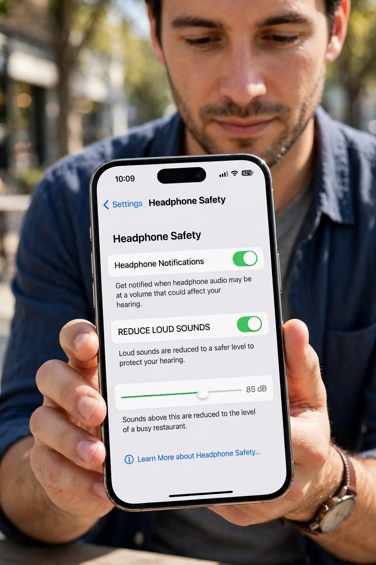A person carrying out step one: open headphone safety settings.