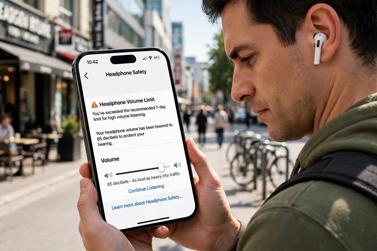 A man wearing earbuds looking at an iPhone showing the Headphone Safety notification with the volume slider legible, city street background, his face mildly…