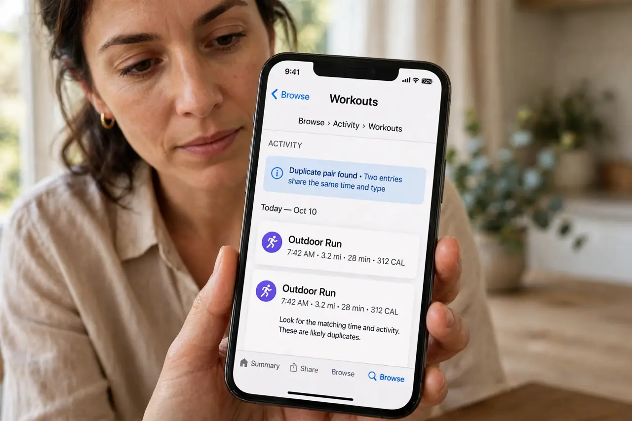 Health App Counts One Workout Twice — step 1 being performed on the device.