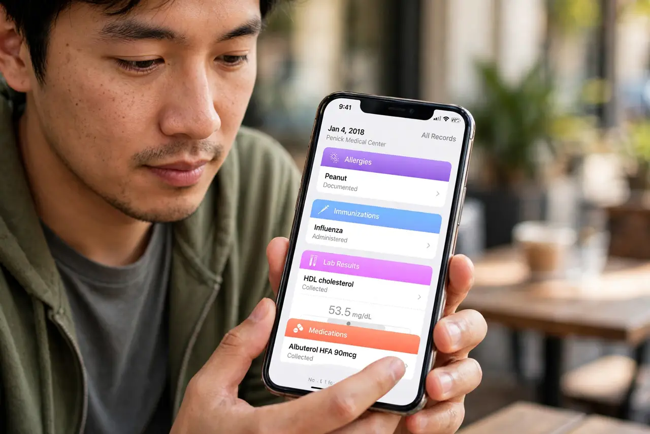 A person calmly performing the guide's first step: Open Health Records in the Health app.