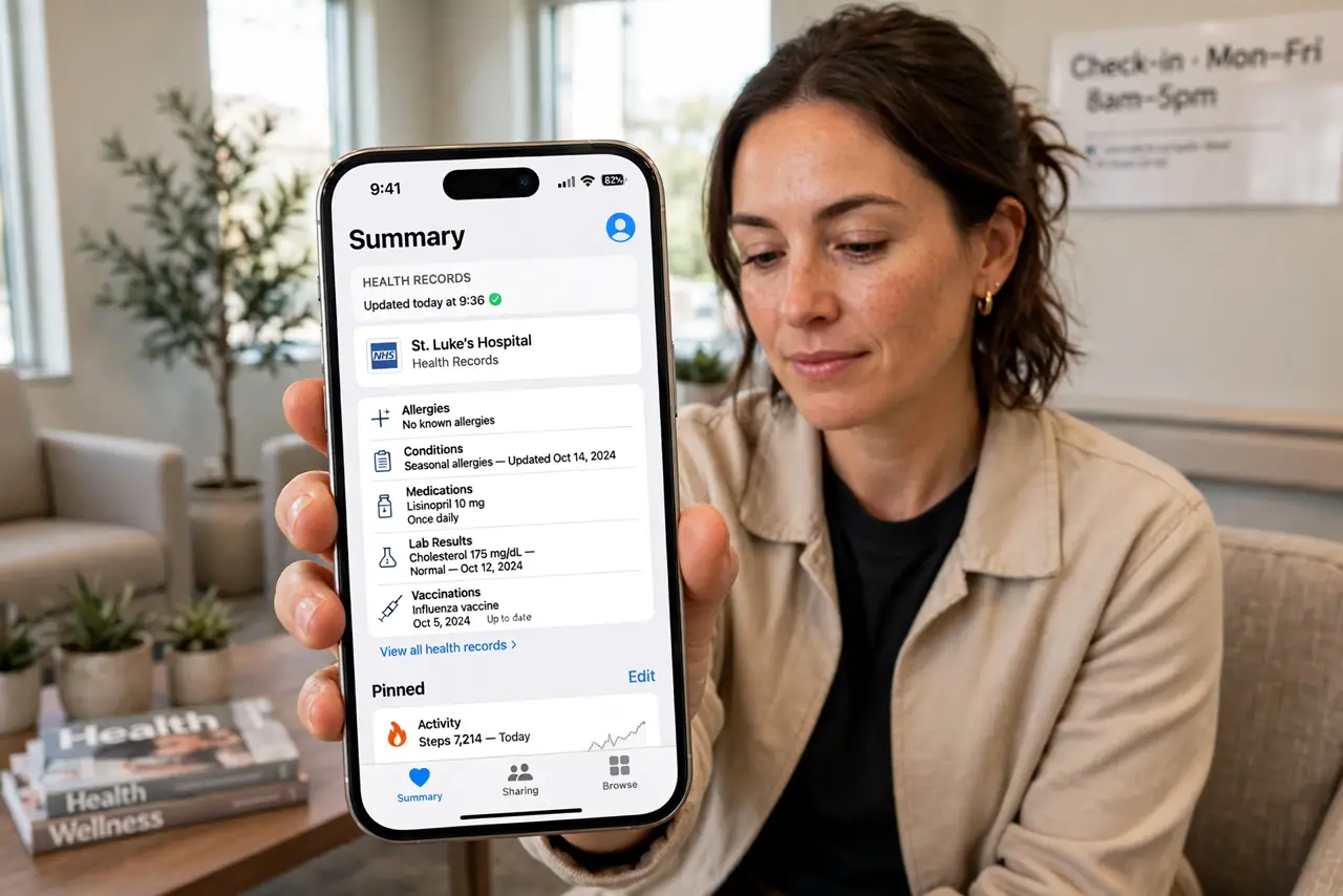 a person holding a real iPhone showing the Health app with a health records summary screen, seated in a clinic waiting room, face calm, daylight. No black screen, no blank white sc.