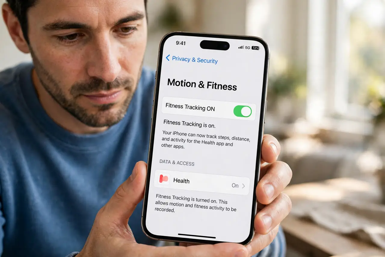Person performing step 1: Confirm Fitness Tracking is on. Open Settings, then Privacy and Security, then Motion and Fitness, and make sure Fitness Tracking is on....